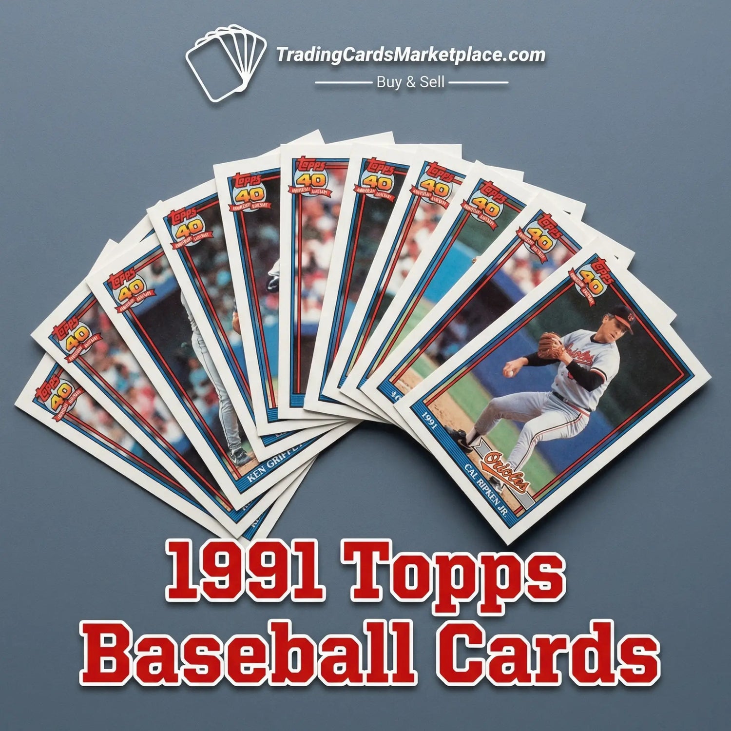 Fanned-out 1991 topps baseball cards featuring colorful player images and classic red, blue, and white borders.