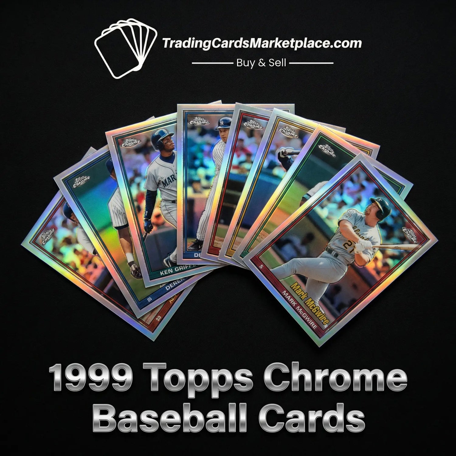 A set of 1999 topps chrome baseball cards featuring iridescent, rainbow-hued borders and glossy finishes with player images in action poses.