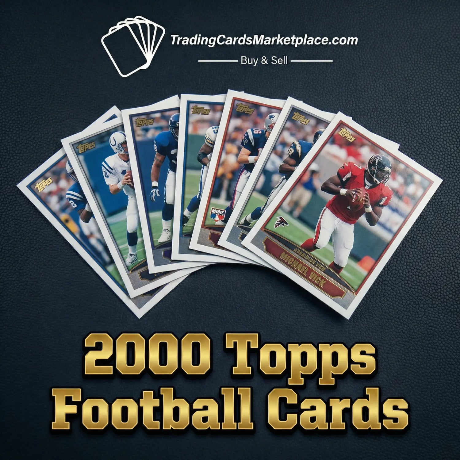 Set of 2000 topps football trading cards featuring players in action poses, printed on glossy cardstock with vibrant team colors and detailed player imagery.