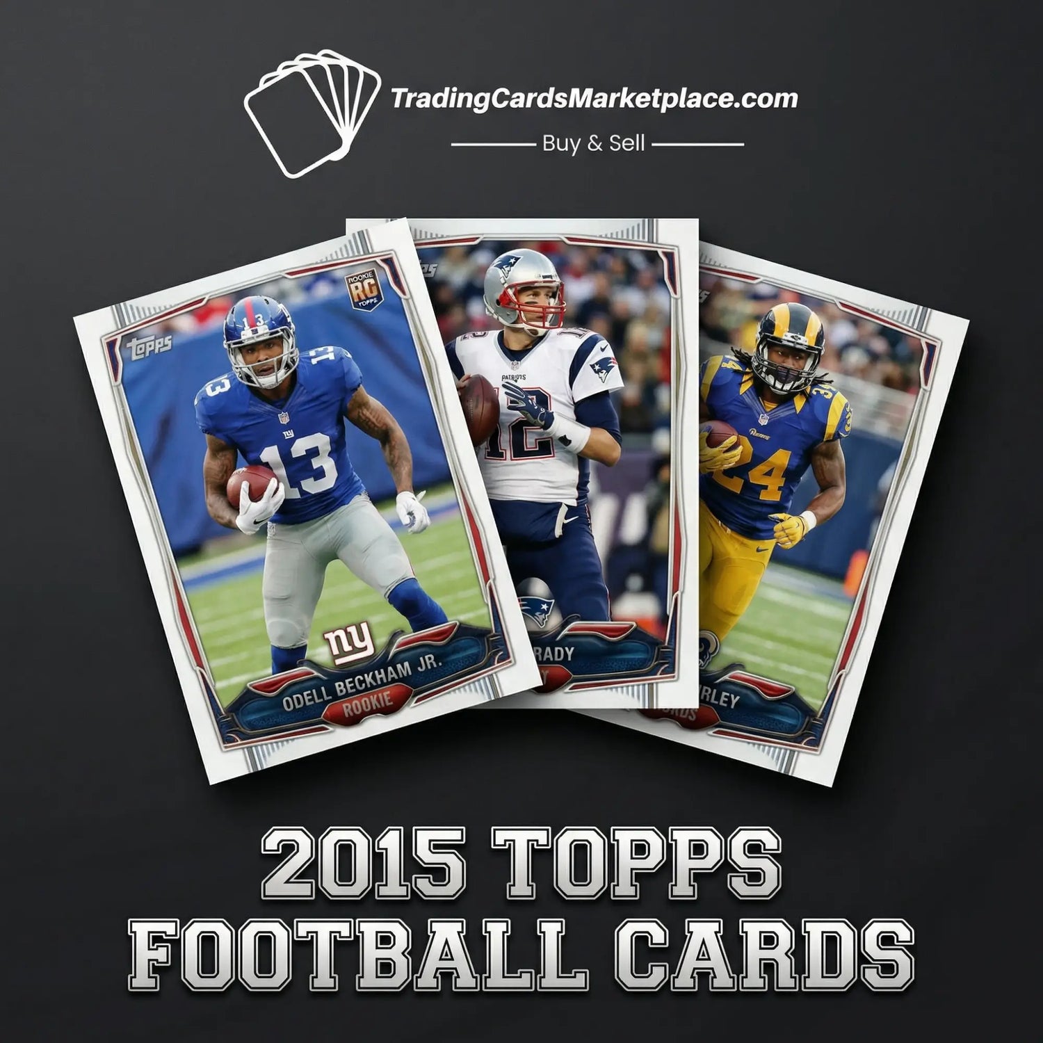 Three 2015 topps football trading cards featuring odell beckham jr., julian edelman, and aaron rodgers in their respective team uniforms.