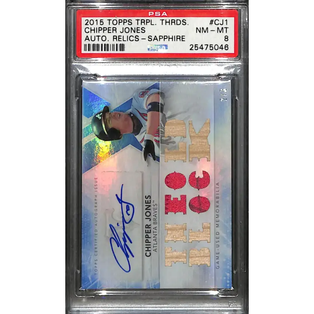 2015 Topps Triple Threads Autographed Relics Sapphire #TTAR-CJ1 Chipper Jones PSA 8 MEM Auto 2/3 Atlanta Braves