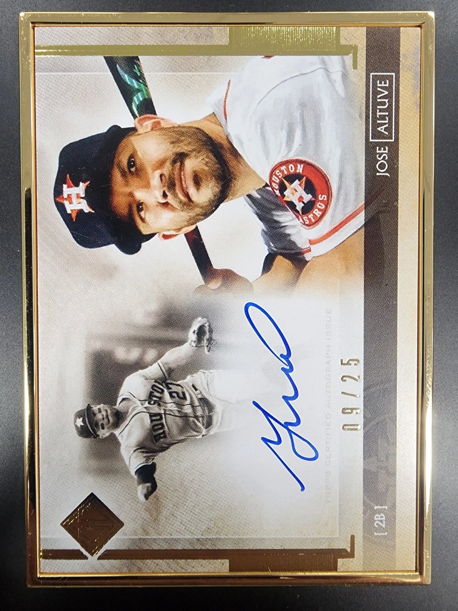 Signed Jose Altuve Topps Transcendent Framed Auto card with color and black-and-white photo