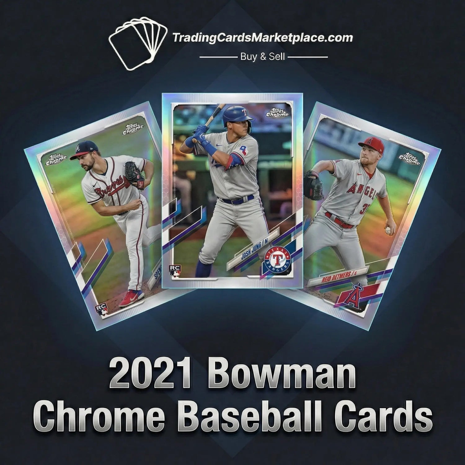 Three 2021 bowman chrome baseball cards featuring players in their team uniforms with iridescent, reflective borders.