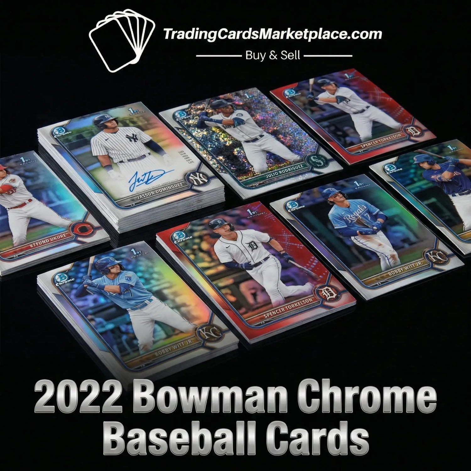 Stacks of 2022 bowman chrome baseball cards featuring glossy, iridescent finishes and player signatures.