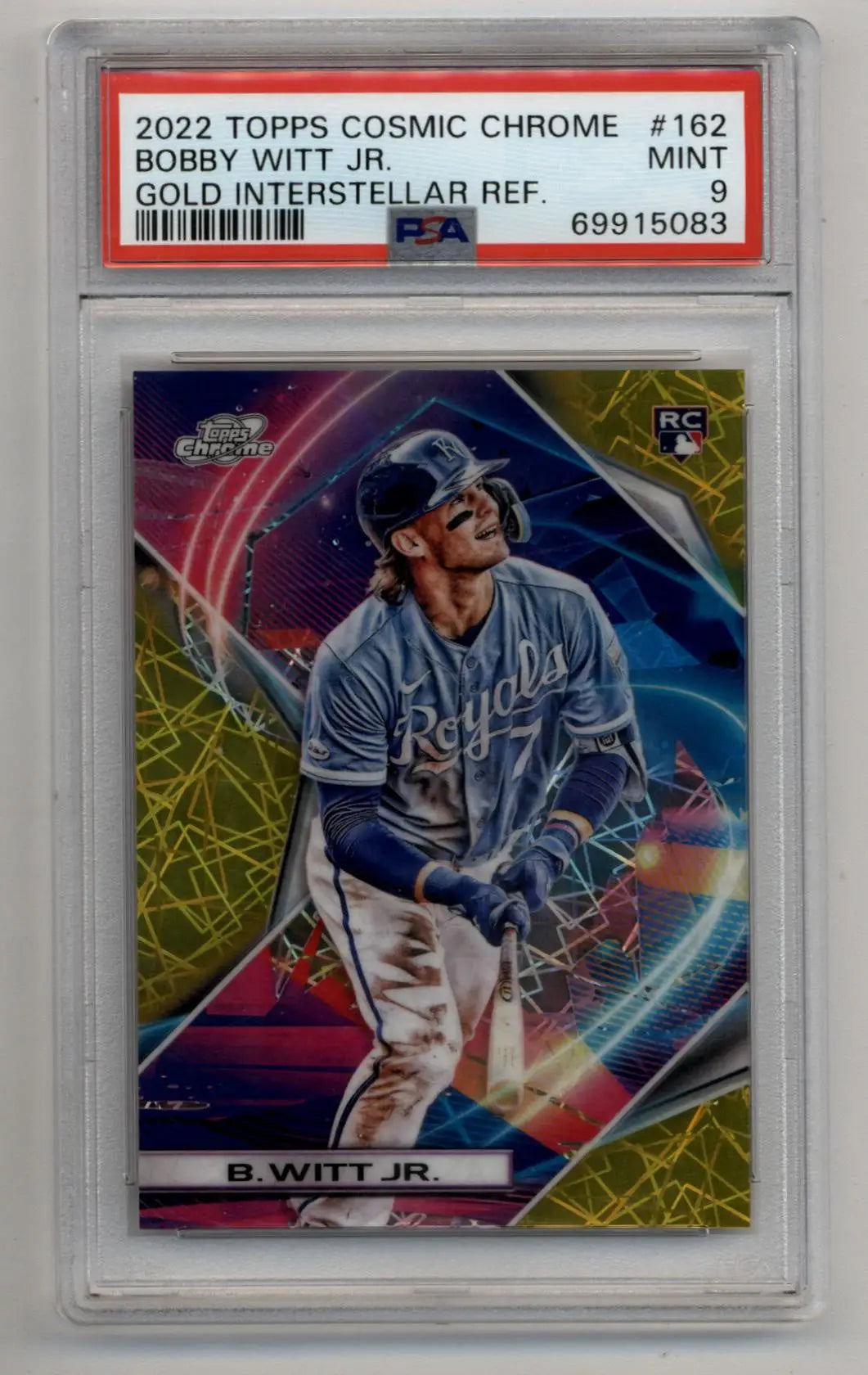 PSA-graded 2022 Topps Cosmic Chrome Gold Interstellar Refractor baseball card in case