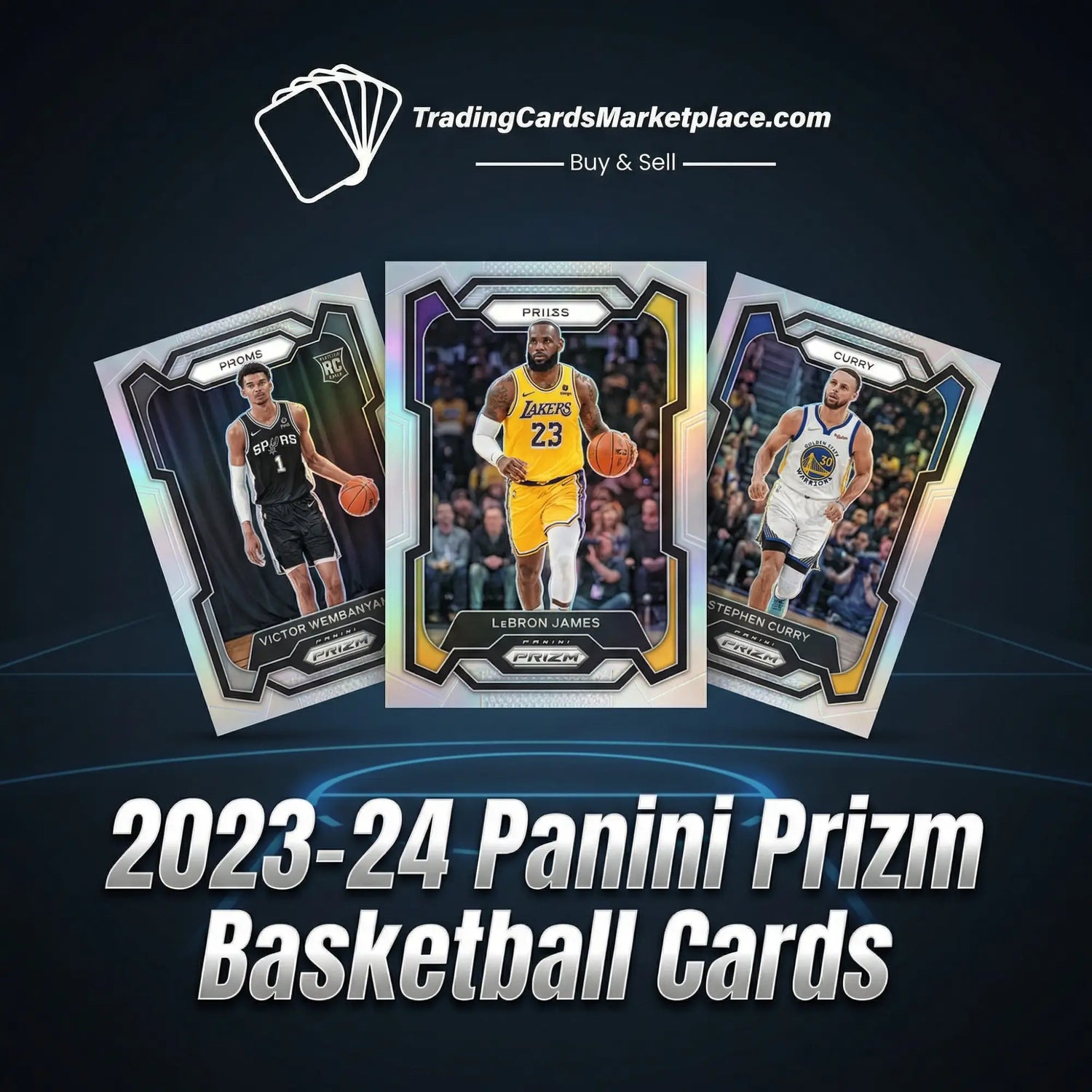 Three glossy, iridescent-bordered 2023-24 panini prizm basketball trading cards featuring lebron james in yellow lakers gear and stephen curry in white warriors uniform.