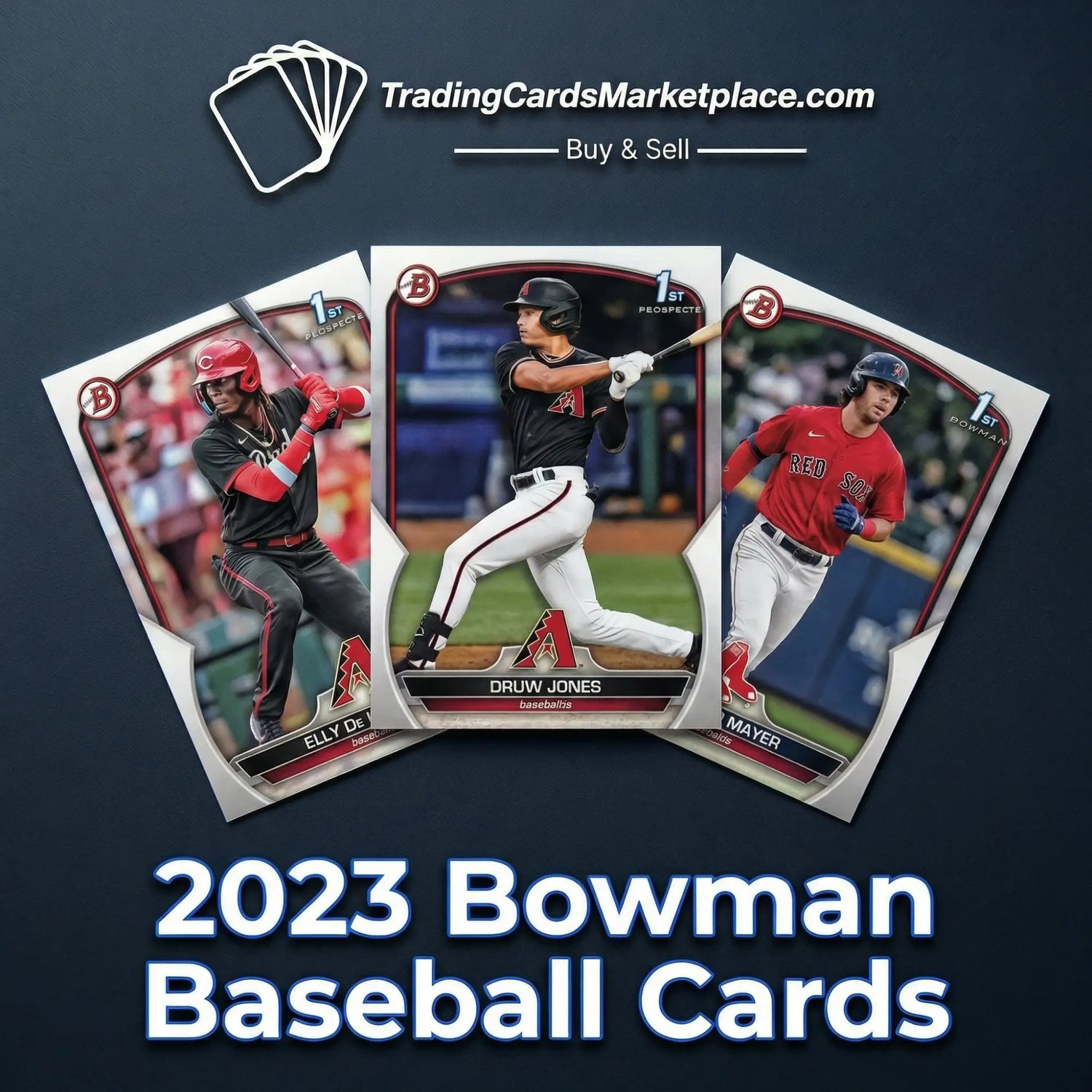 Three 2023 bowman baseball cards featuring players in action poses, each card displaying a distinct player and team uniform with detailed artwork.