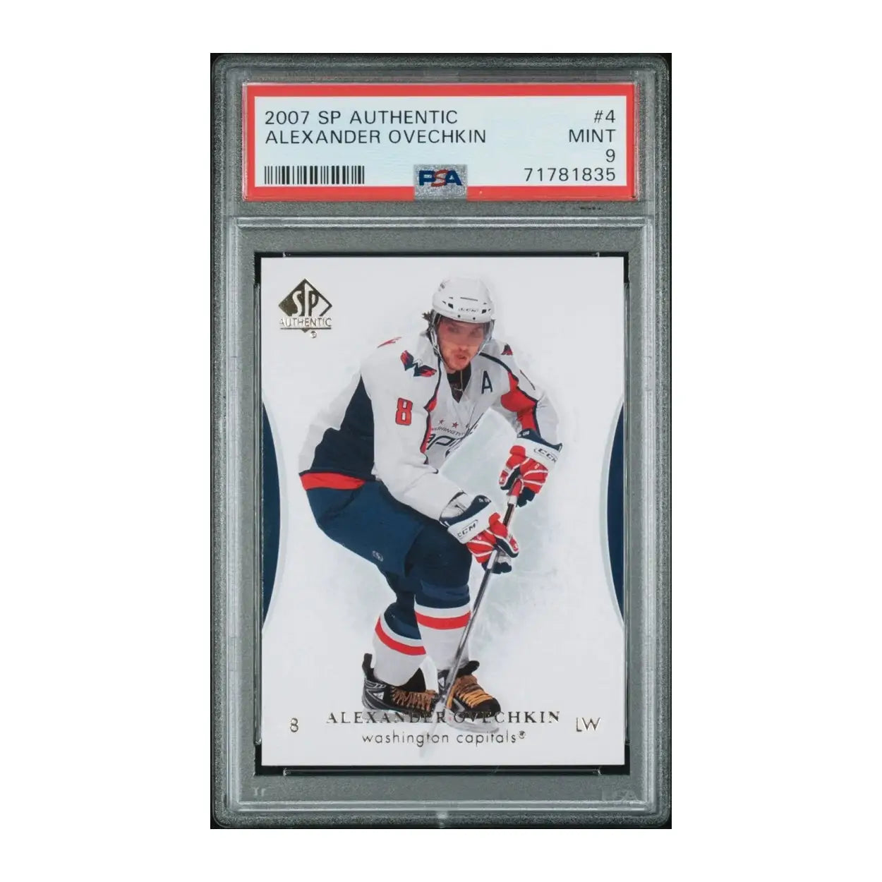 Hockey card featuring alex ovechkin in a red capitals jersey with white stars and ’mvp’ text.