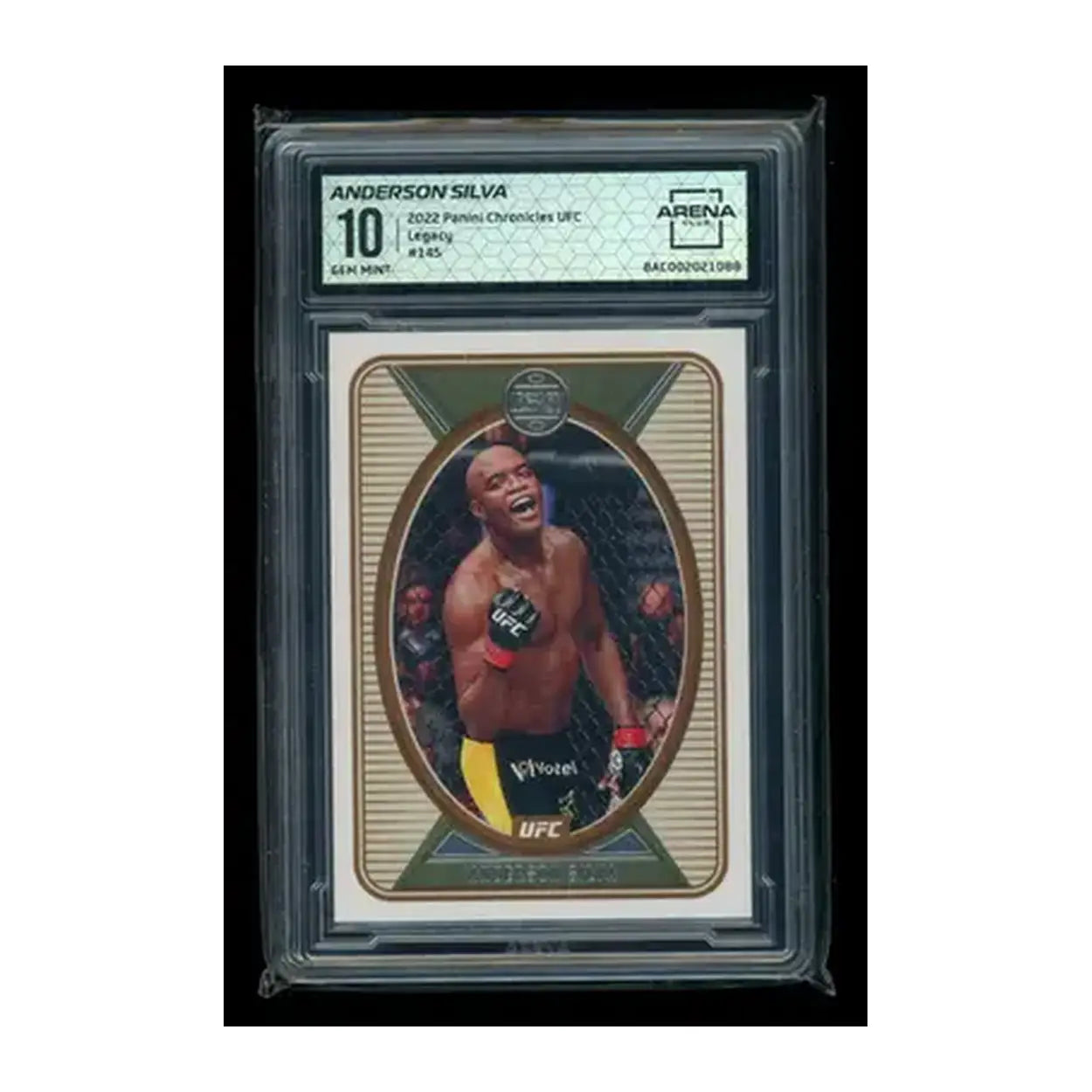 A 2022 panini chronicles ufc legacy trading card featuring anderson silva in a gold and black oval design, graded 10 by arena.