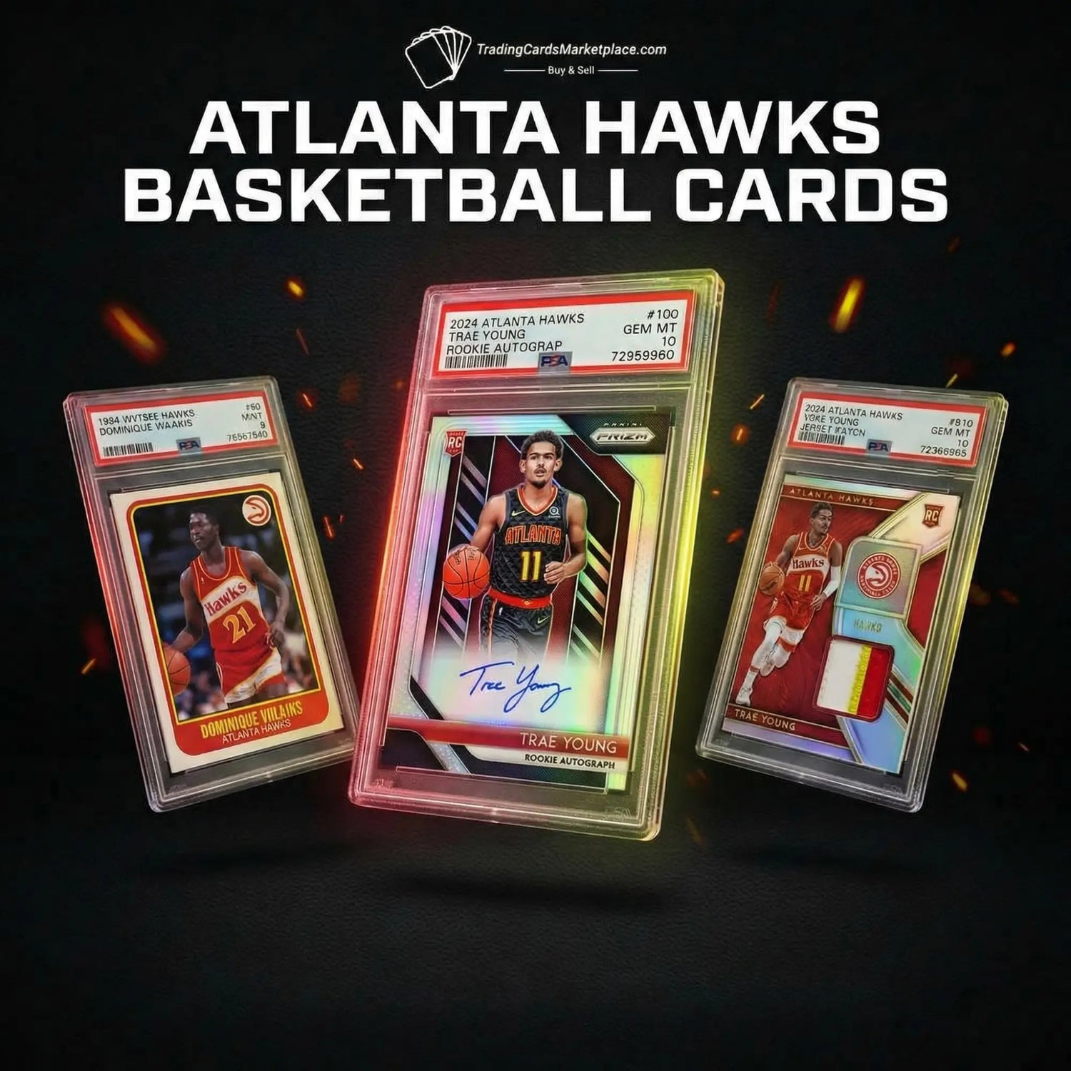 Three collectible atlanta hawks basketball trading cards, each encased in a clear protective slab with colorful holographic borders and psa grading labels.