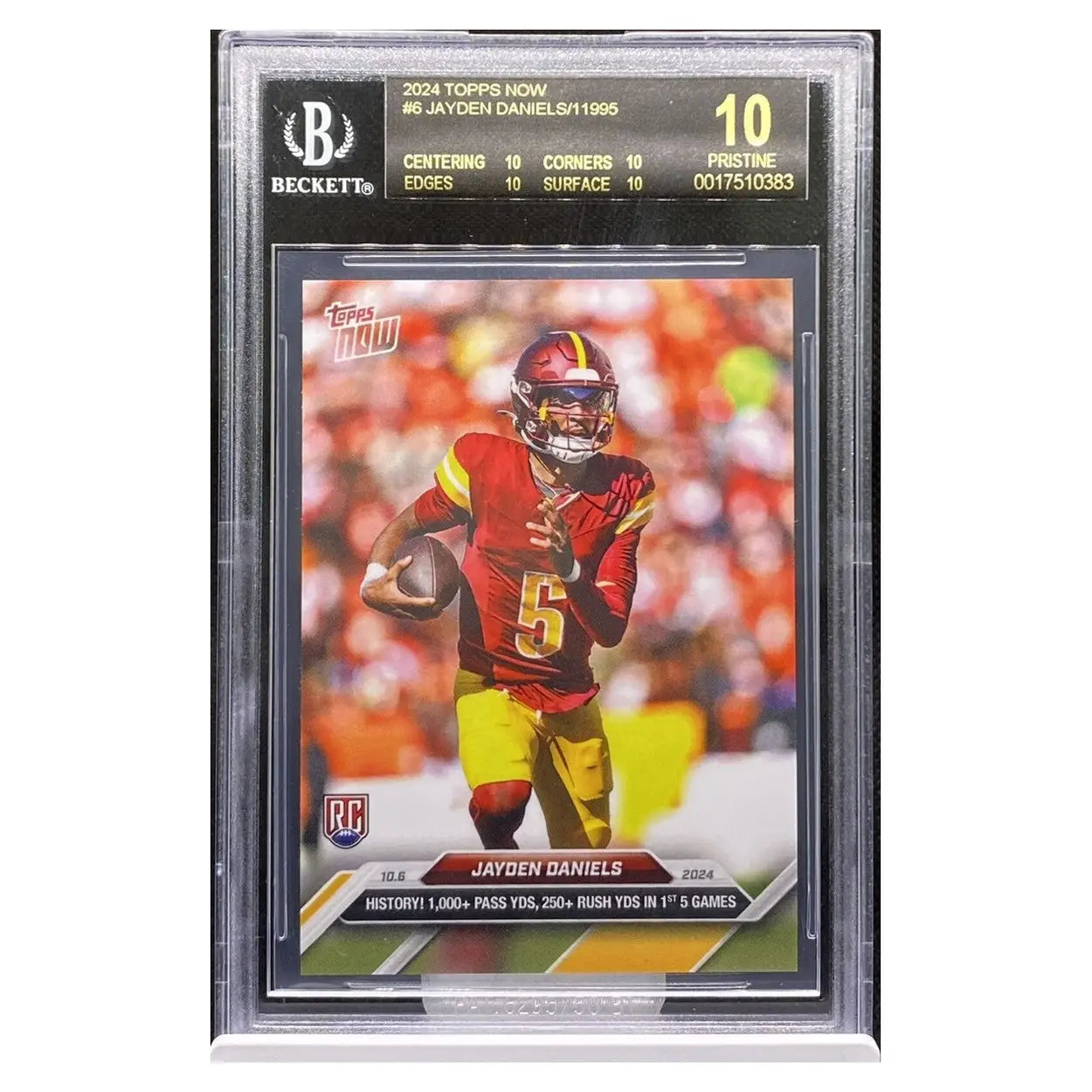 2024 topps now rookie card of jayden daniels, graded 10 by beckett.