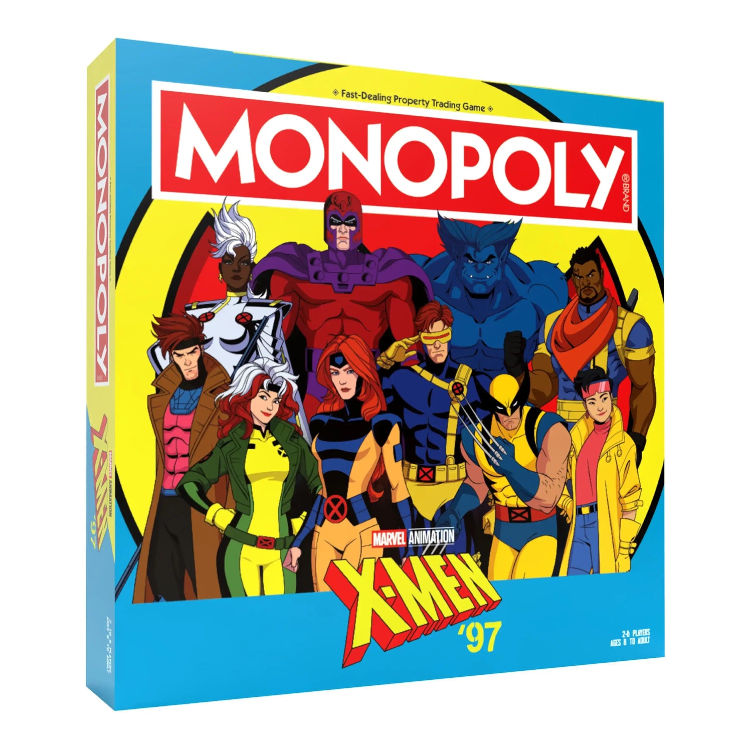 This is a vibrant blue monopoly board game box featuring the x-men ’97 animated characters in their iconic costumes, with bold red and yellow branding.