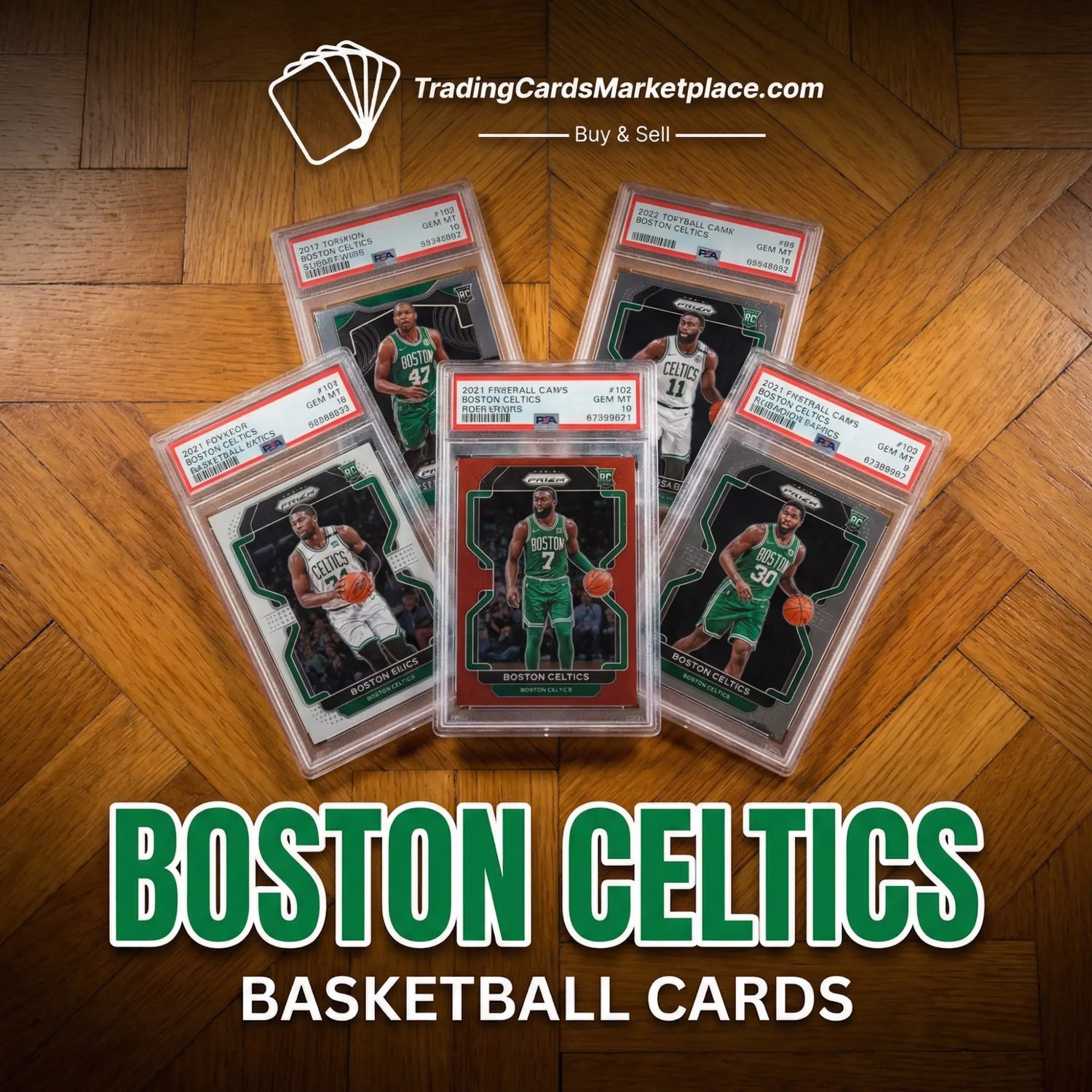 Five graded boston celtics basketball trading cards in clear protective cases, featuring green and red designs with player images.