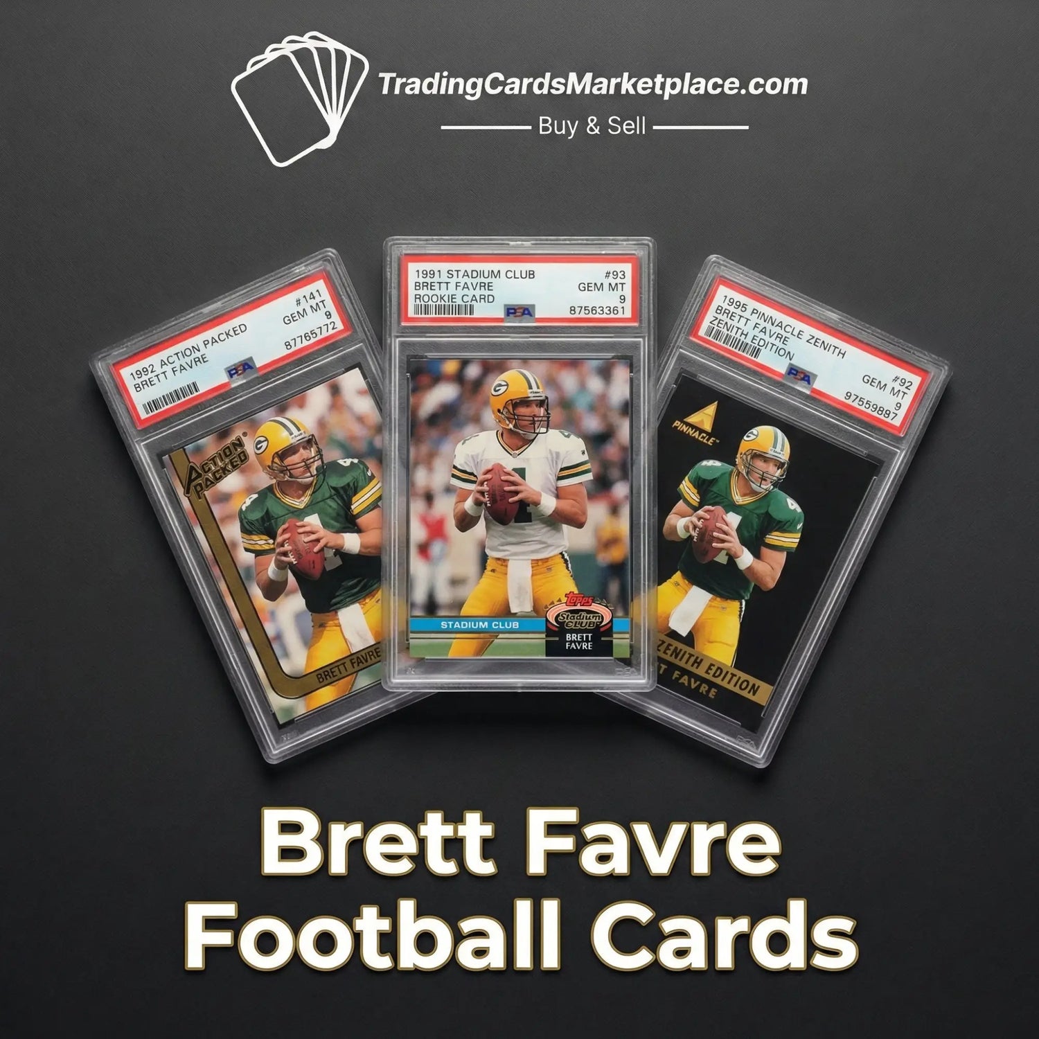 Three graded brett favre football trading cards in clear protective cases, featuring the player in his green bay packers uniform across different card designs and editions.