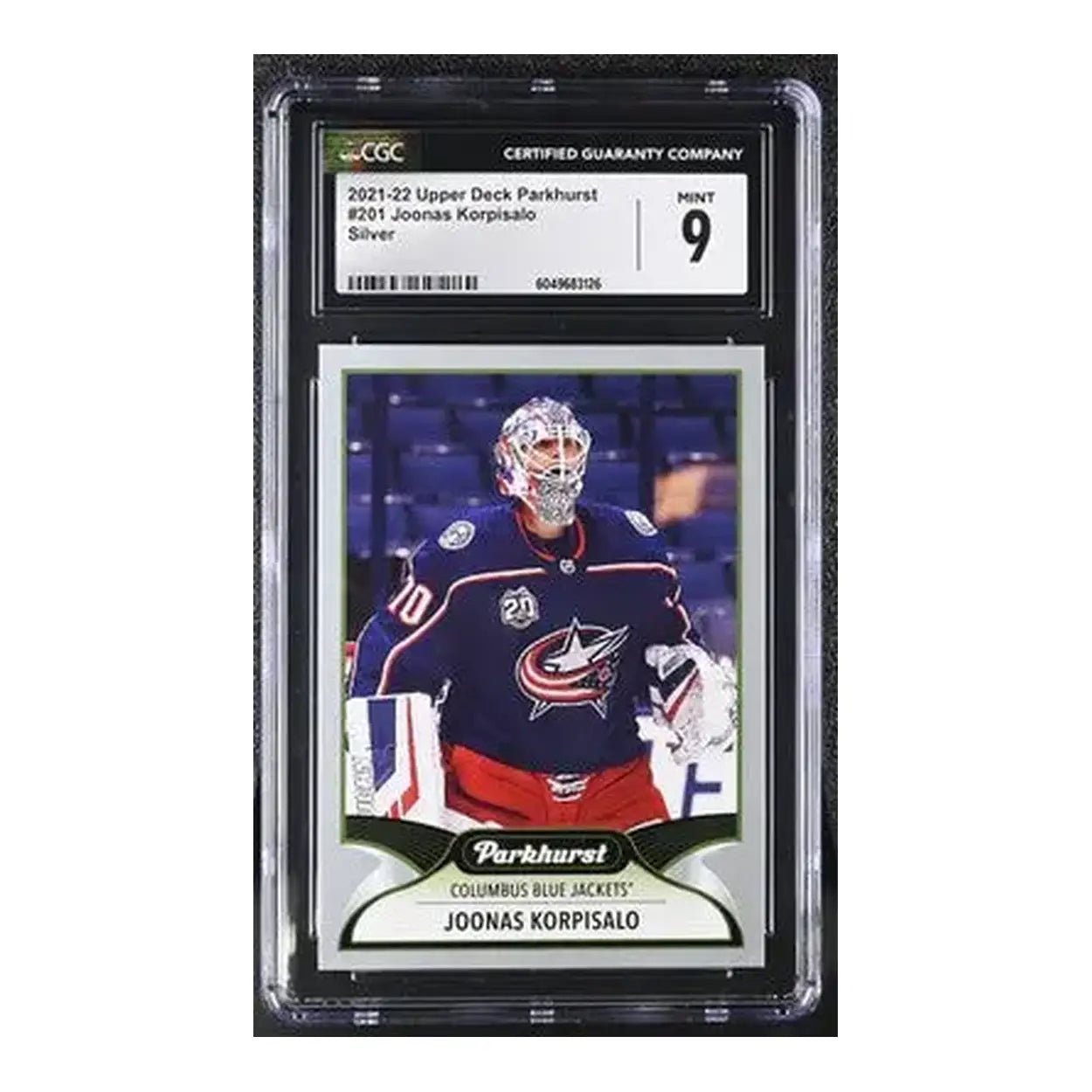 A silver hockey trading card featuring joonas korviasalo in a columbus blue jackets jersey, encased in a clear protective slab with cgc grading label.