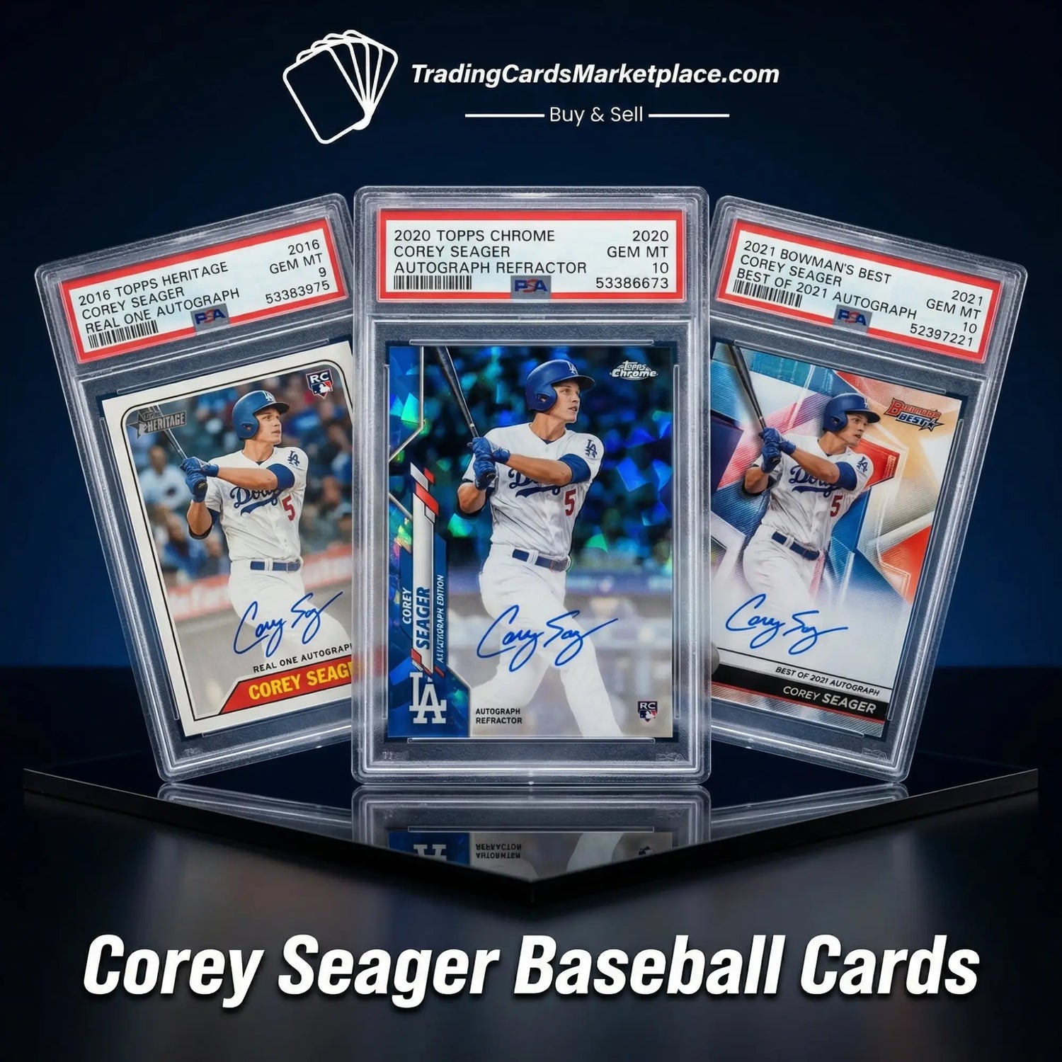 Three graded corey seager baseball trading cards in clear protective slabs, featuring his autograph and a blue helmeted player image on each.