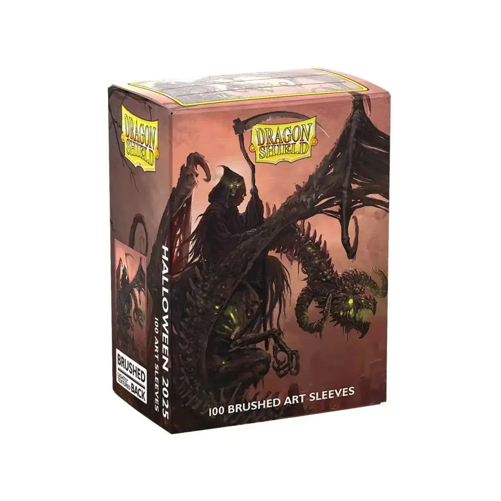 Dragon shield halloween 2023 brushed art sleeves in a box with dark, gothic artwork featuring a grim reaper riding a dragon against an orange-red sky.