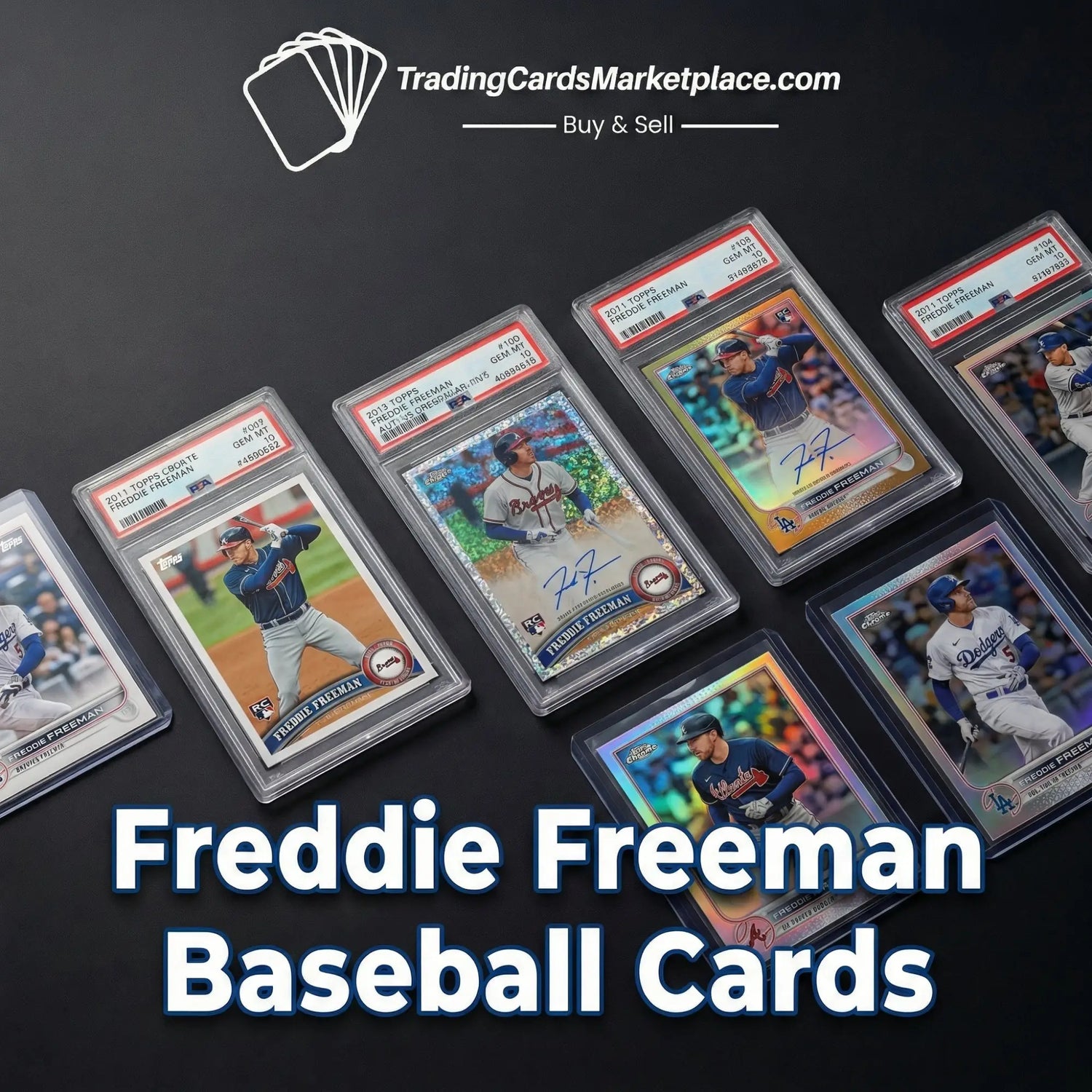 Collection of graded freddie freeman baseball cards in clear protective cases, featuring vibrant holographic and glossy finishes with player signatures.