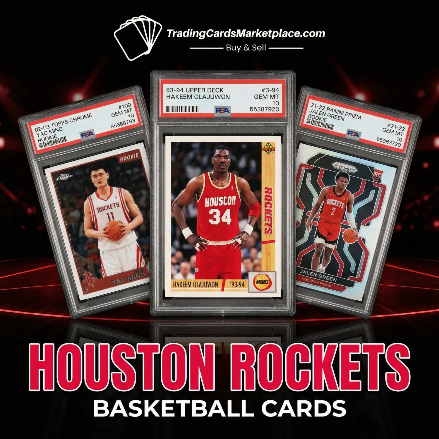 Three collectible basketball trading cards in protective psa grading slabs, featuring yao ming, hakeem olajuwon, and jalen green from the houston rockets.