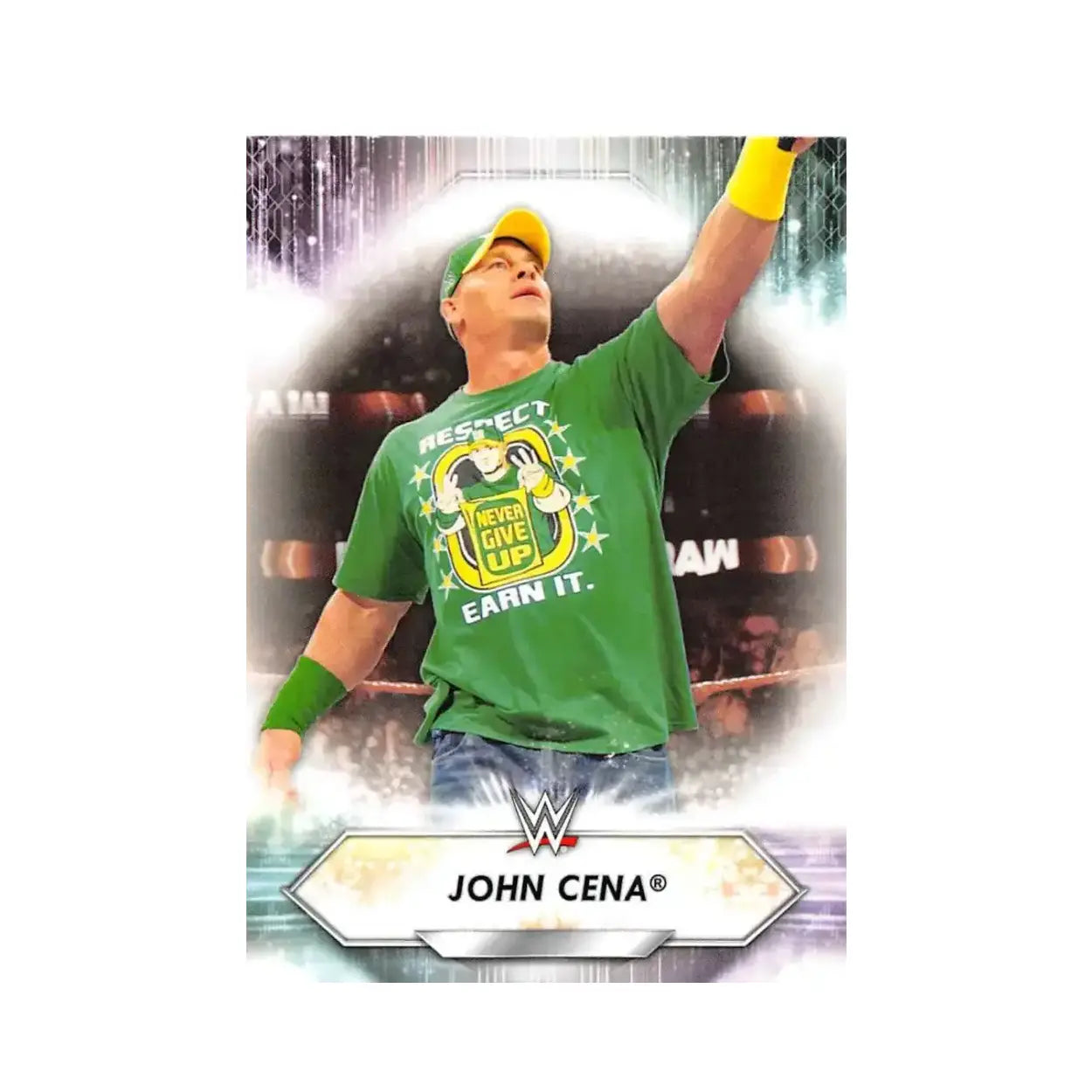 Green t-shirt with yellow text and stars, wwe logo.