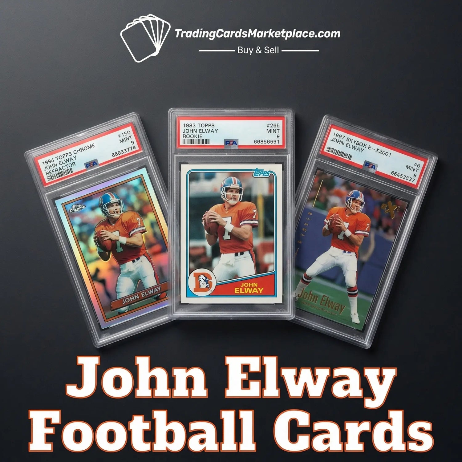 Three collectible john elway football trading cards, each encased in a clear protective slab with red and white grading labels from psa.
