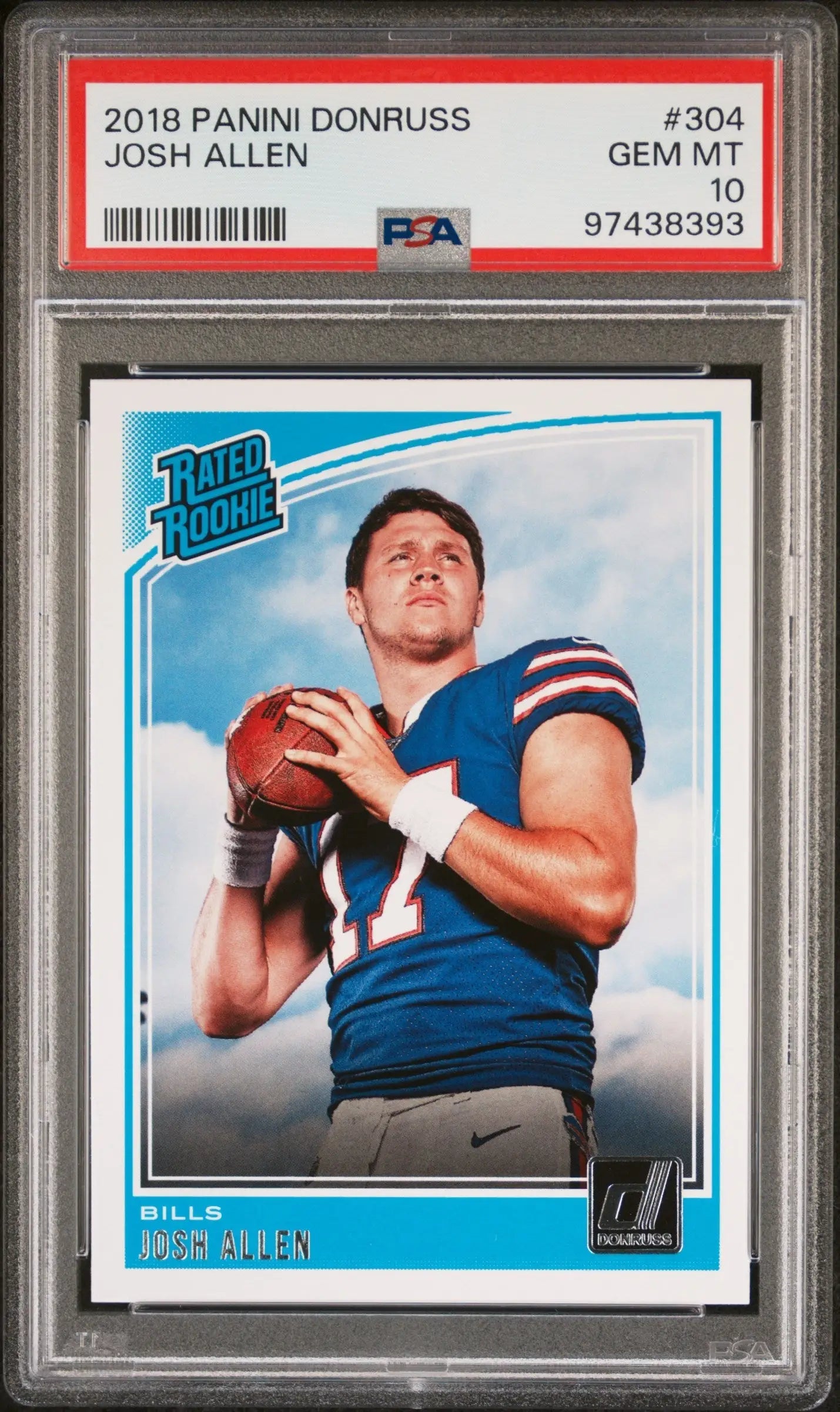 PSA-graded 2018 Panini Donruss Rookie Card of Josh Allen in protective case, Gem Mint