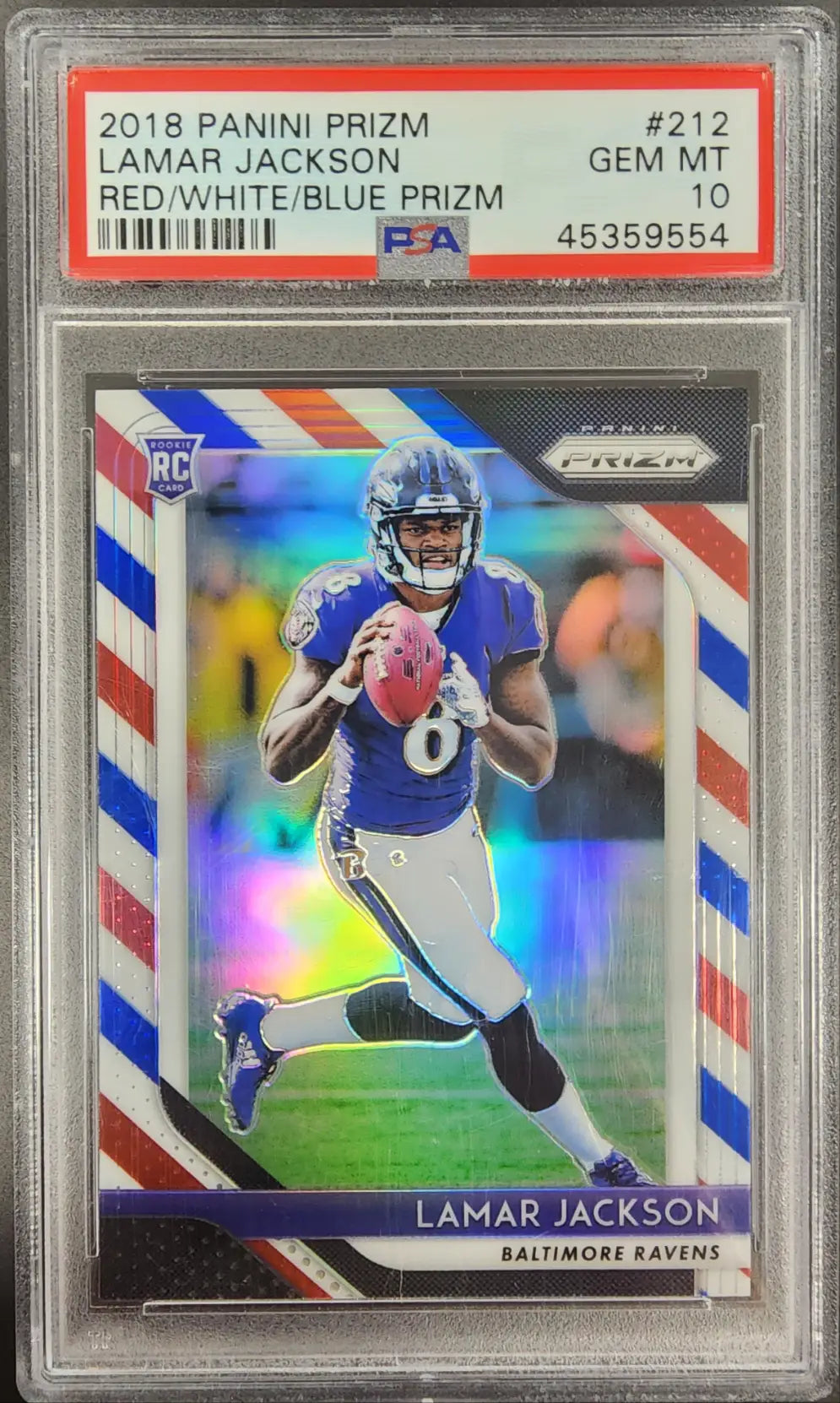 PSA 10 Gem Mint 2018 Panini Prizm Red White Blue Lamar Jackson Rookie card