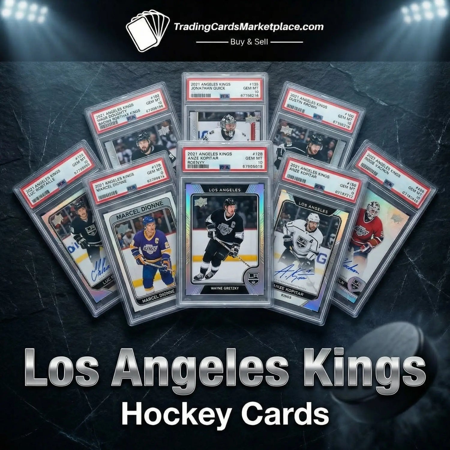 Collection of graded 2021 los angeles kings hockey trading cards in clear protective cases, featuring players like wayne gretzky and jonathan quick.
