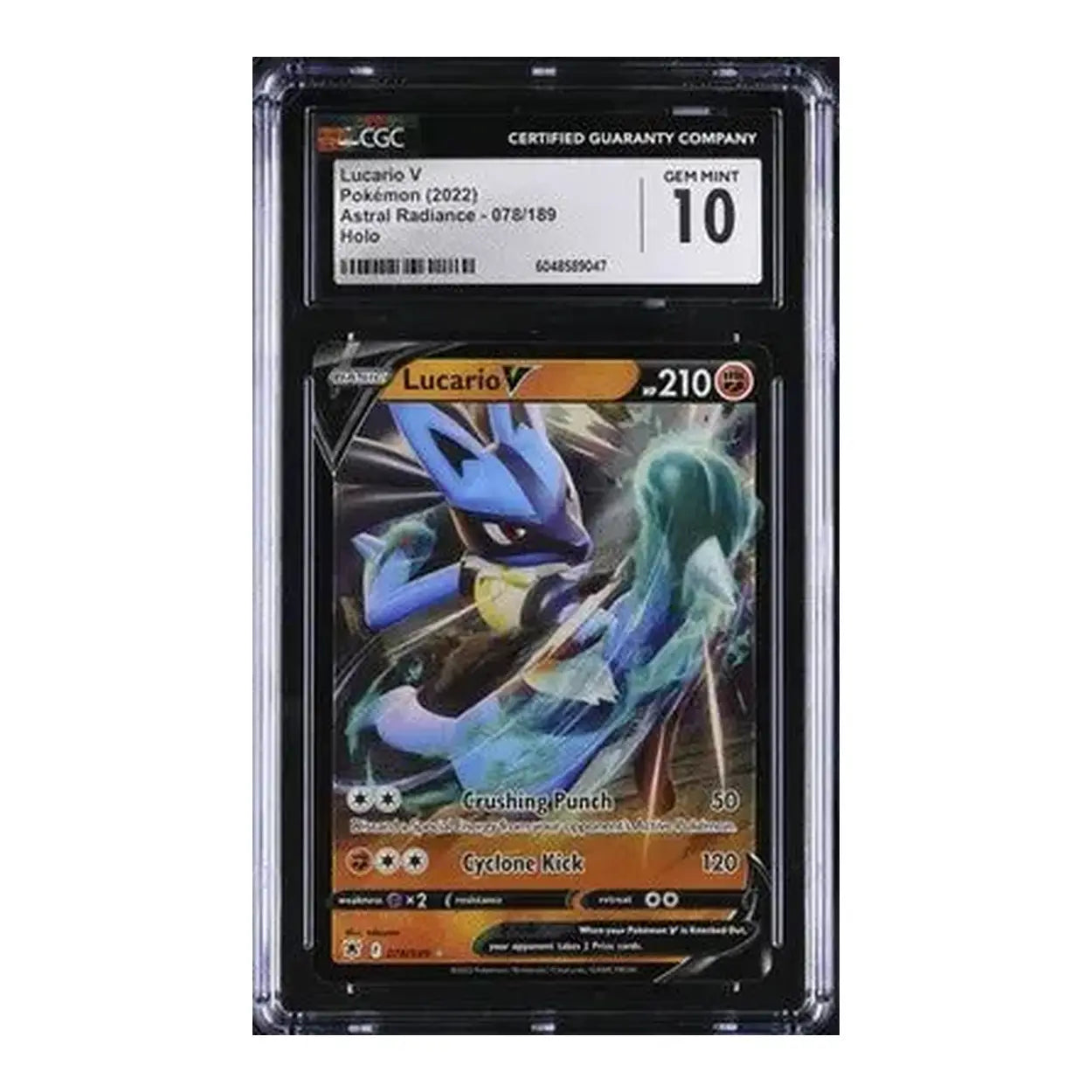 2022 pokemon lucario v astral radiance card, featuring a gem mint 10 rating.