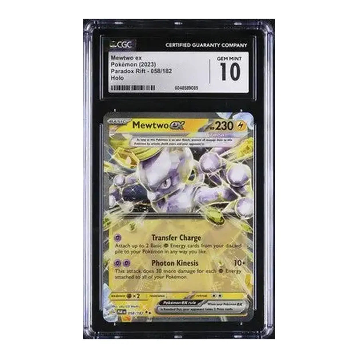 Mewtwo pokémon card with reflective barrier ability, featuring a purple and white design on black background.