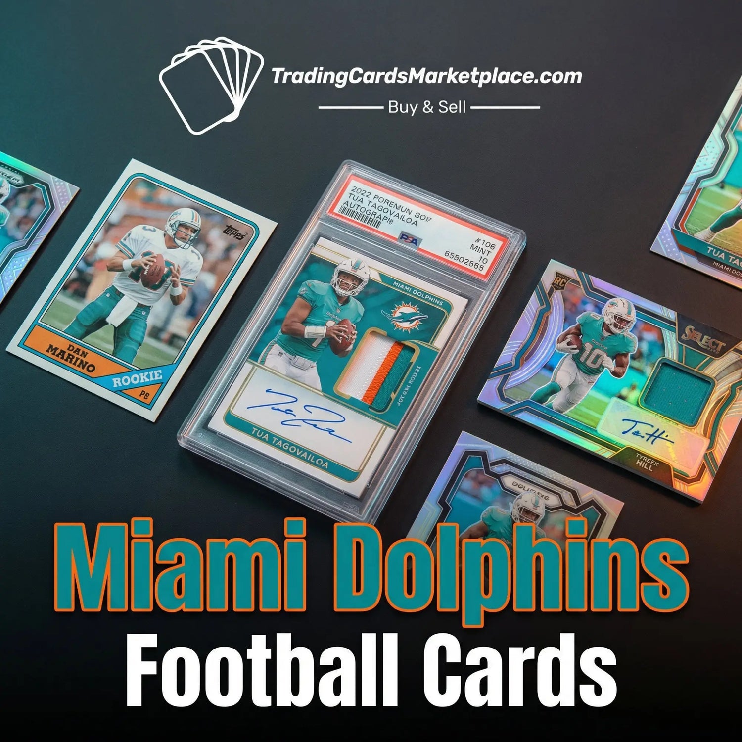 A signed 2022 topps rookie card of tua tagovailoa in a clear protective slab with an orange and teal jersey swatch.