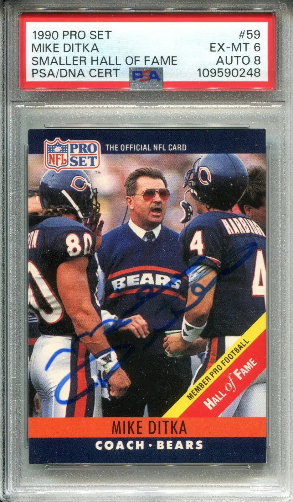 1990 pro set mike ditka hall of fame autographed football card, featuring the coach in a navy blue bears jersey with orange and white trim.