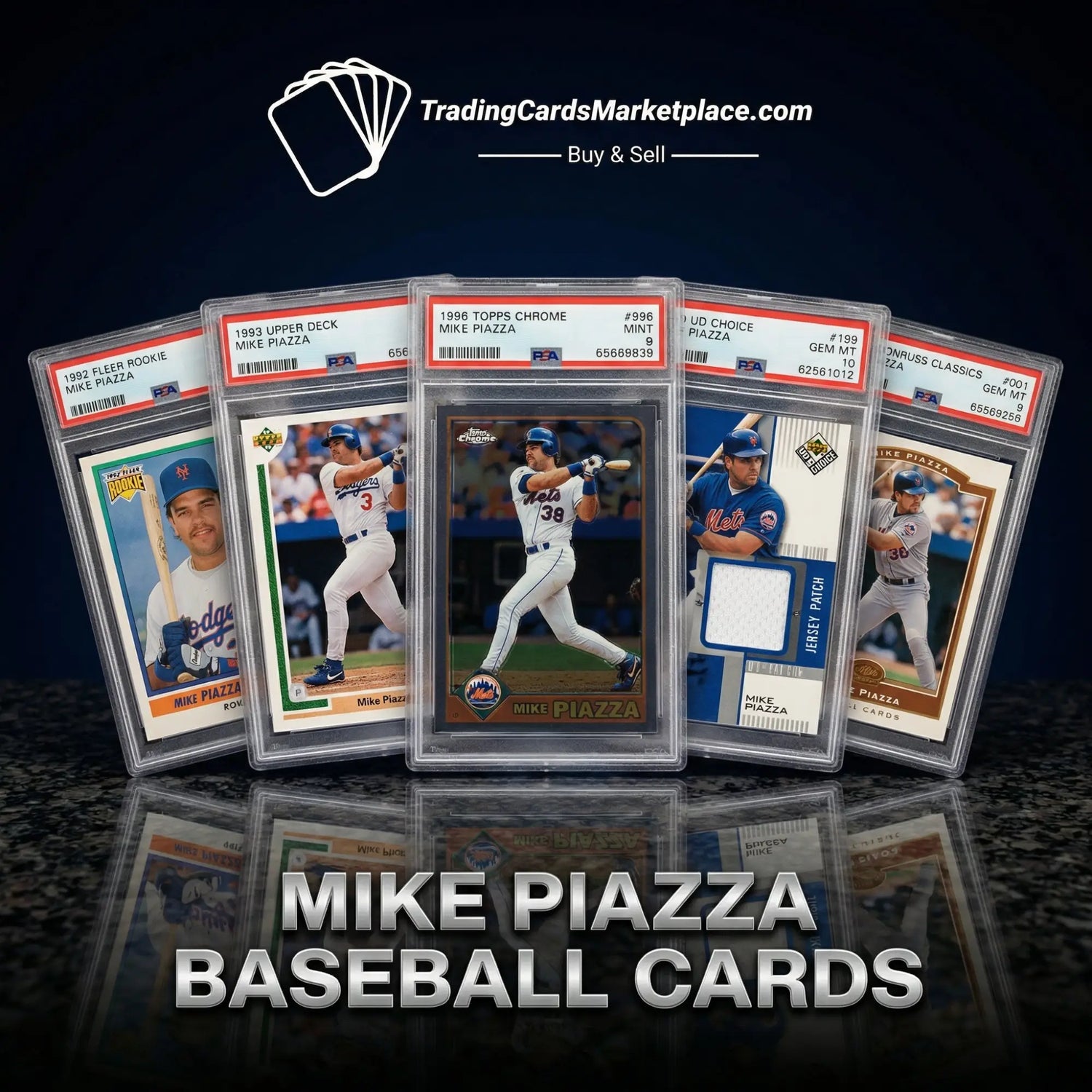 Collection of five graded mike piazza baseball cards in protective cases, featuring various designs and colors from different brands like fleer, upper deck, topps chrome, and donruss classics.