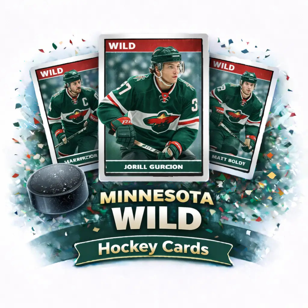 Minnesota wild hockey cards featuring players in green and white jerseys with red accents, displayed against a backdrop of confetti.