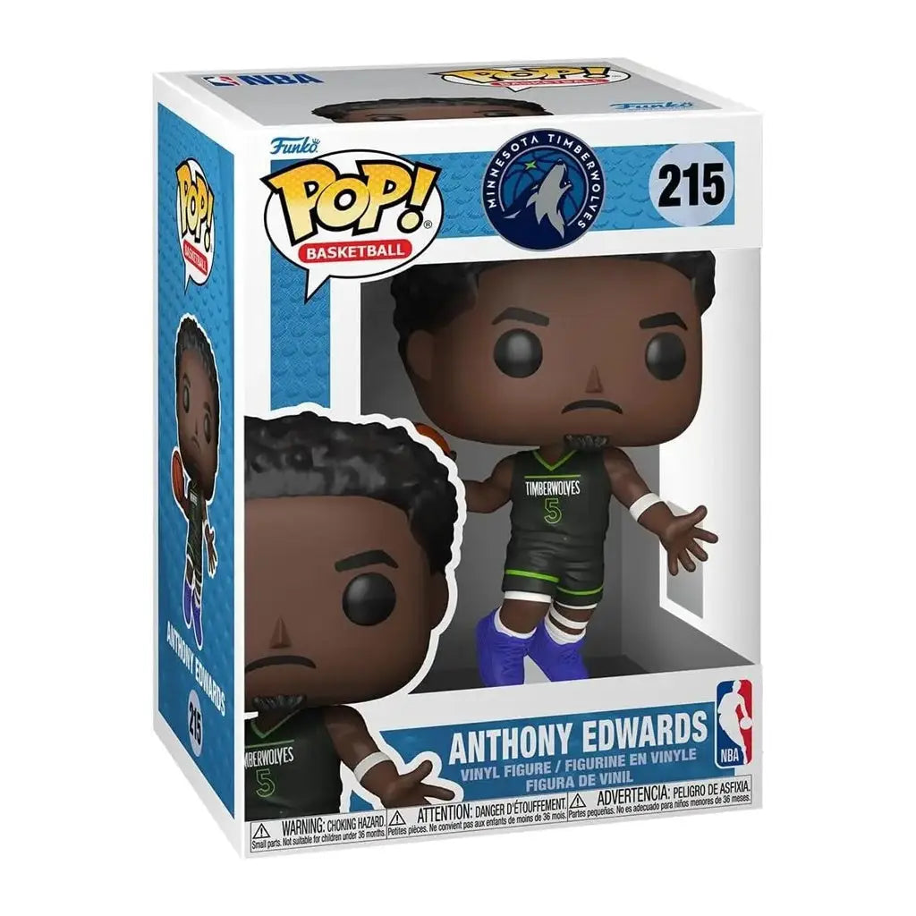 Funko pop! Basketball figure of anthony edwards in a minnesota timberwolves jersey, featuring detailed facial features and vibrant colors.