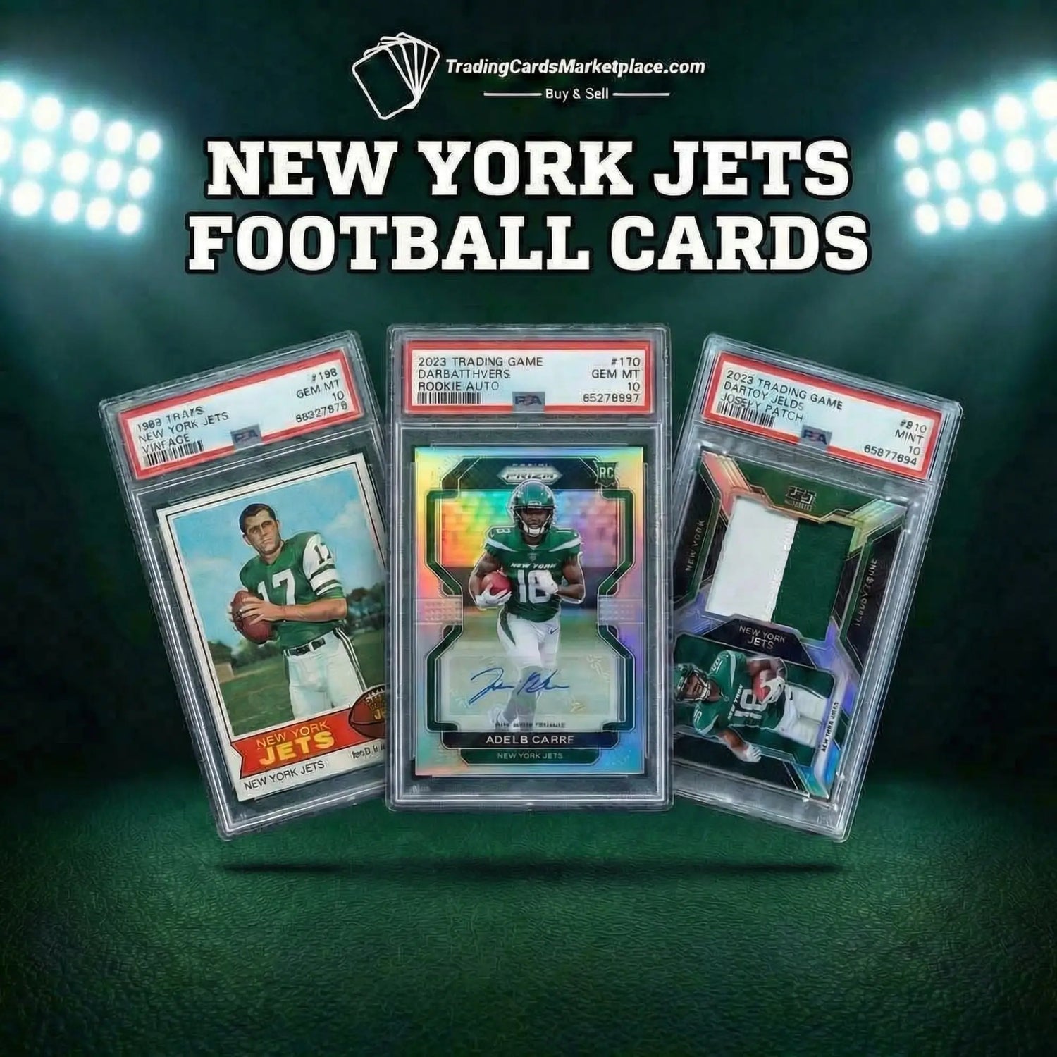 Three collectible new york jets football trading cards, each encased in a clear protective slab with red and white grading labels.