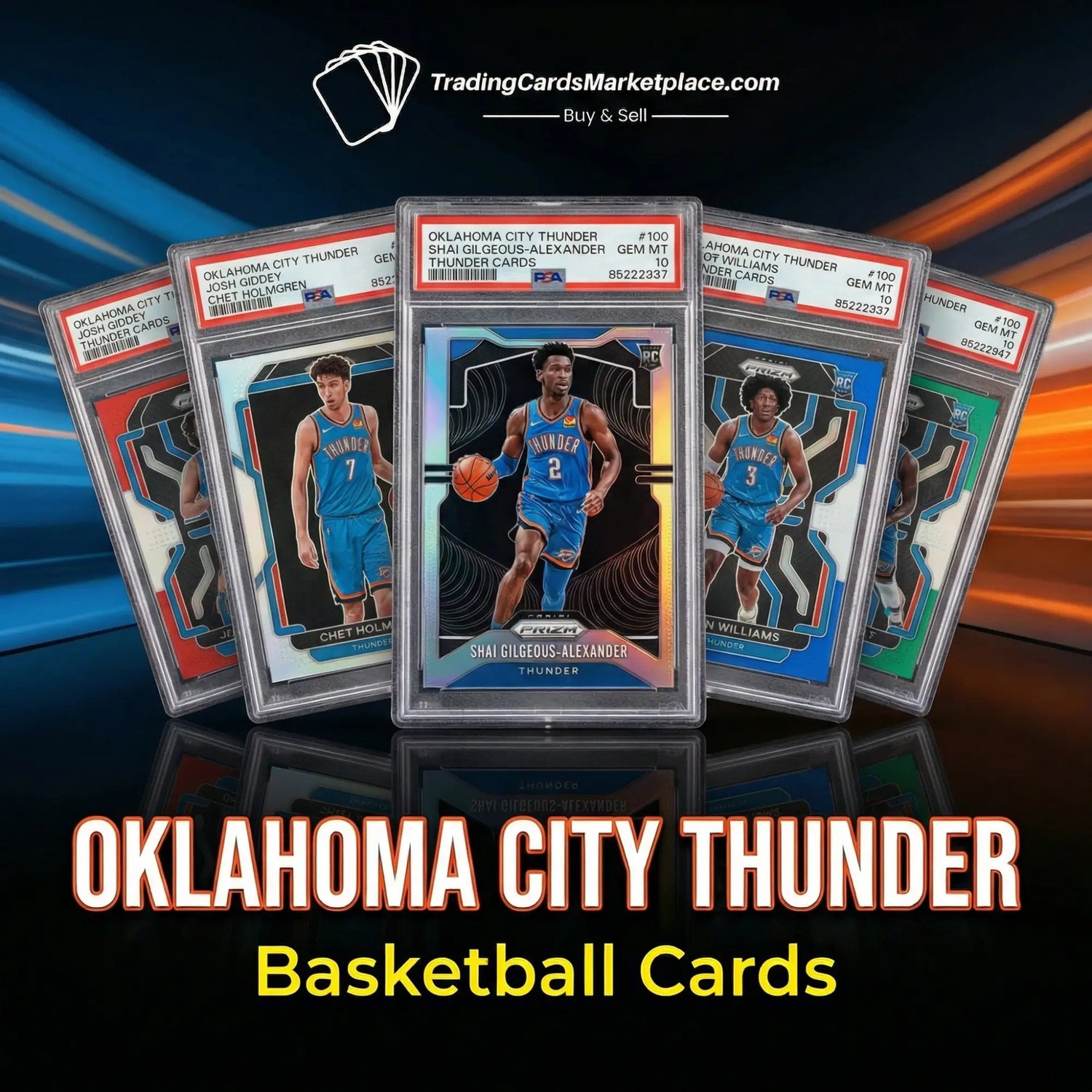 Oklahoma city thunder basketball trading cards in clear protective cases with holographic and colorful designs.