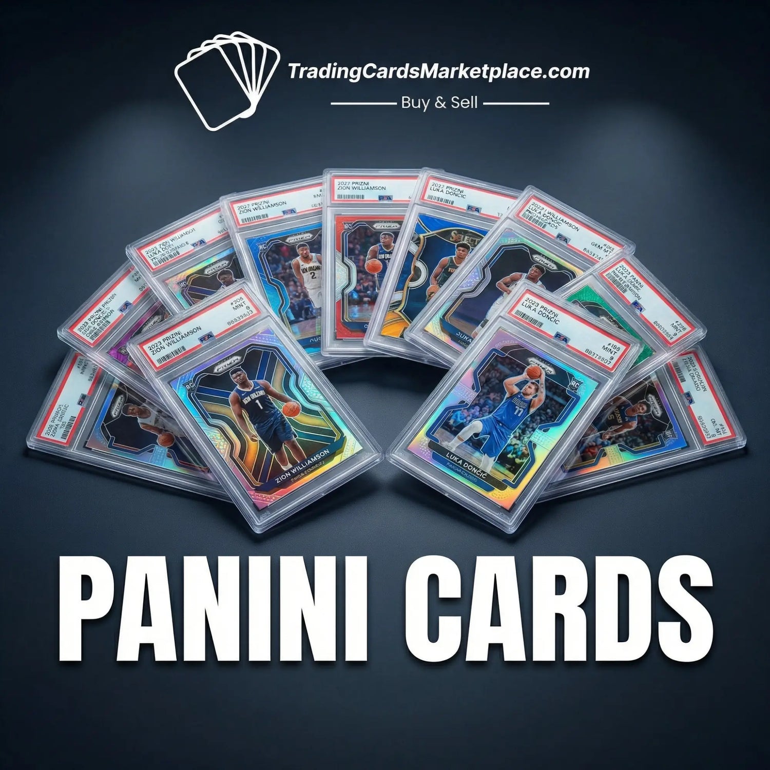 A collection of vibrant, holographic panini trading cards featuring basketball players in dynamic poses.