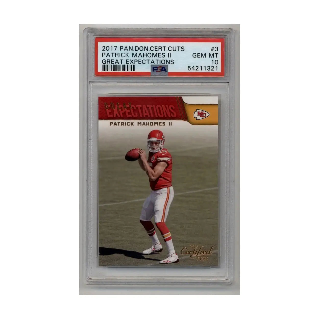 Red and white football card featuring patrick mahomes ii in a kansas city chiefs uniform.