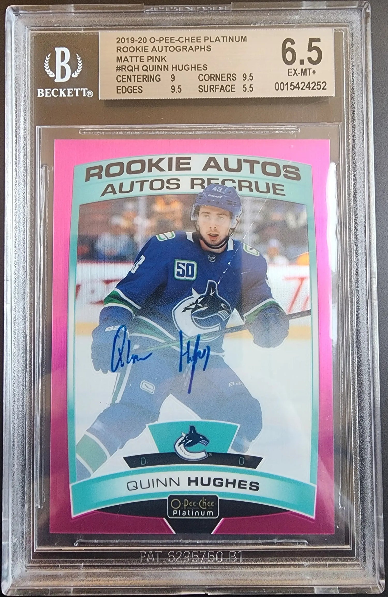 Quinn Hughes 2019 OPC Platinum Matte Pink Auto RC #41/99 BGS 6.5 Ex-Mt+ - Hockey Card Single
