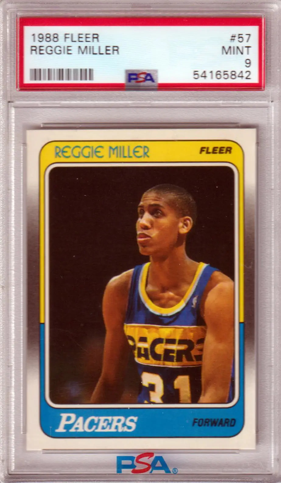 PSA-graded 1988 Fleer RC Rookie of Reggie Miller in protective case from Columbia Hobby