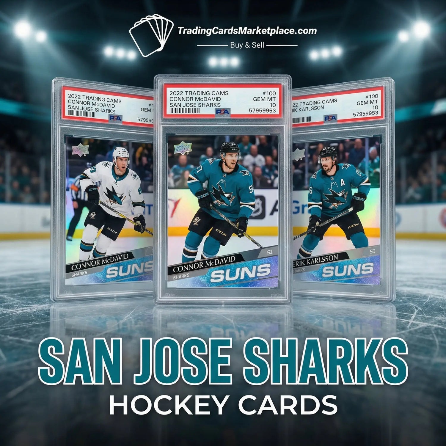 Three collectible hockey trading cards in clear protective cases, featuring players from the san jose sharks team with vibrant teal and white designs.