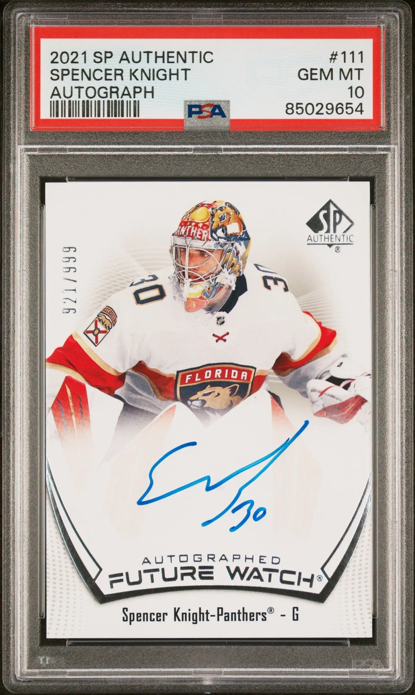 Spencer Knight 2021 Upper Deck SP Authentic Rookie Auto #921/999 PSA 10 Gem Mint - Hockey Card Single