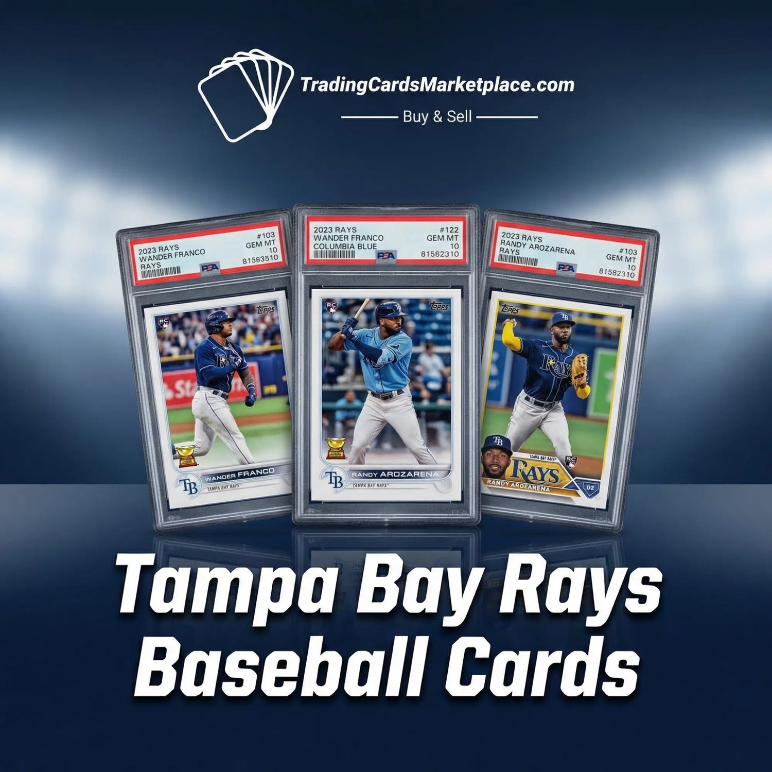 Tampa bay rays baseball cards featuring players in white and blue uniforms with navy caps, surrounded by confetti.