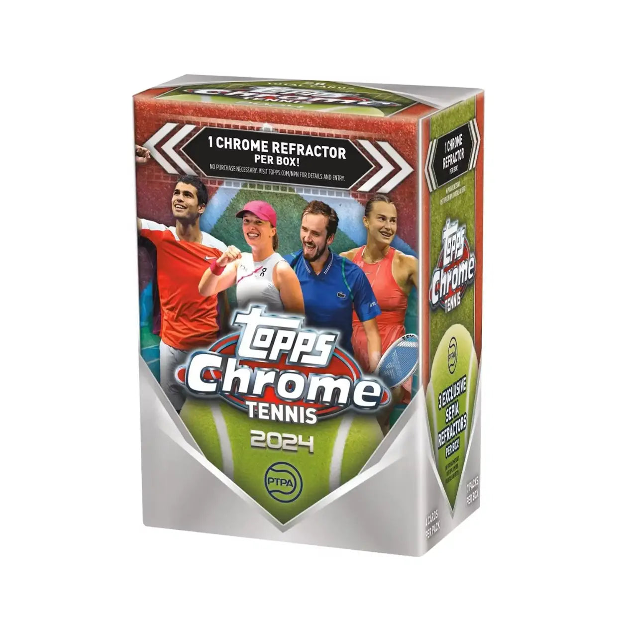 Topps chrome tennis 2024 trading card box featuring a vibrant design with four tennis players on the front and silver accents.