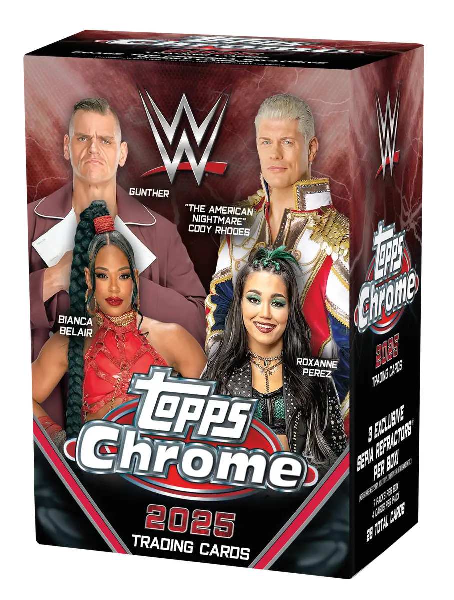 2025 Topps Chrome WWE Blaster Box featuring Topps Chrome WWE trading cards