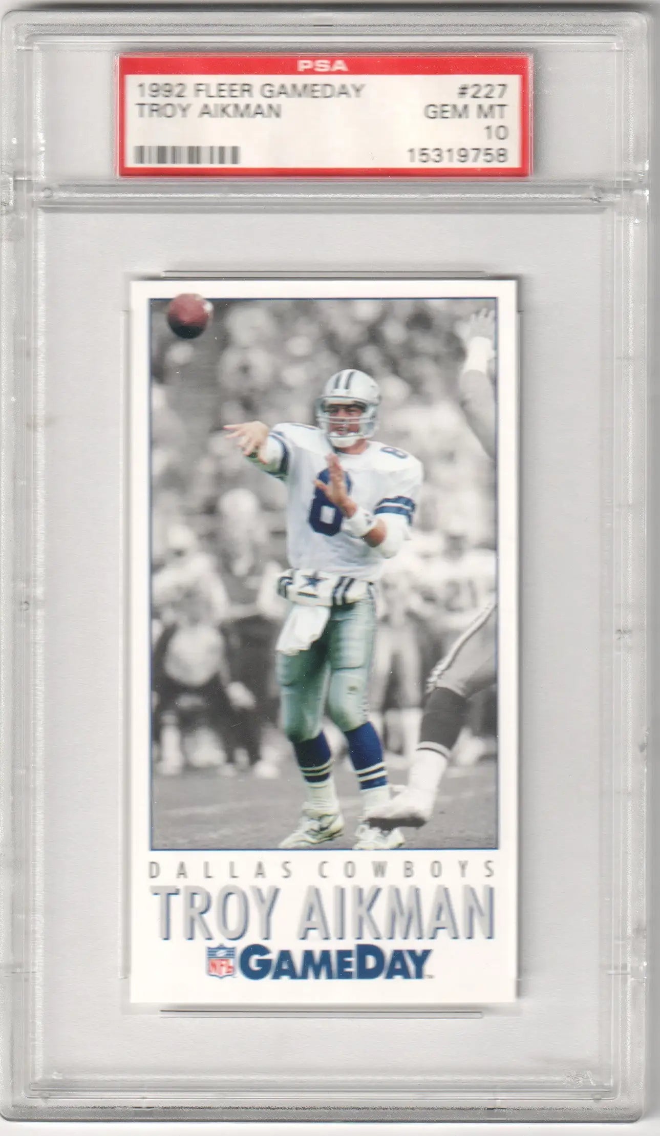 1992 fleer gameday troy aikman trading card, graded psa 10 by the dallas cowboys quarterback in a black-and-white action shot with his number 8 jersey and helmet.