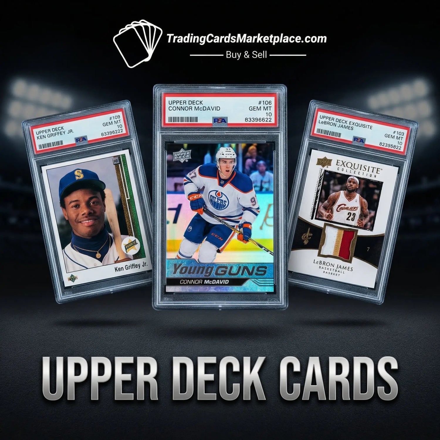 Three collectible upper deck trading cards, each encased in a clear protective slab with red and white grading labels indicating ’gem mt 10’’ condition.