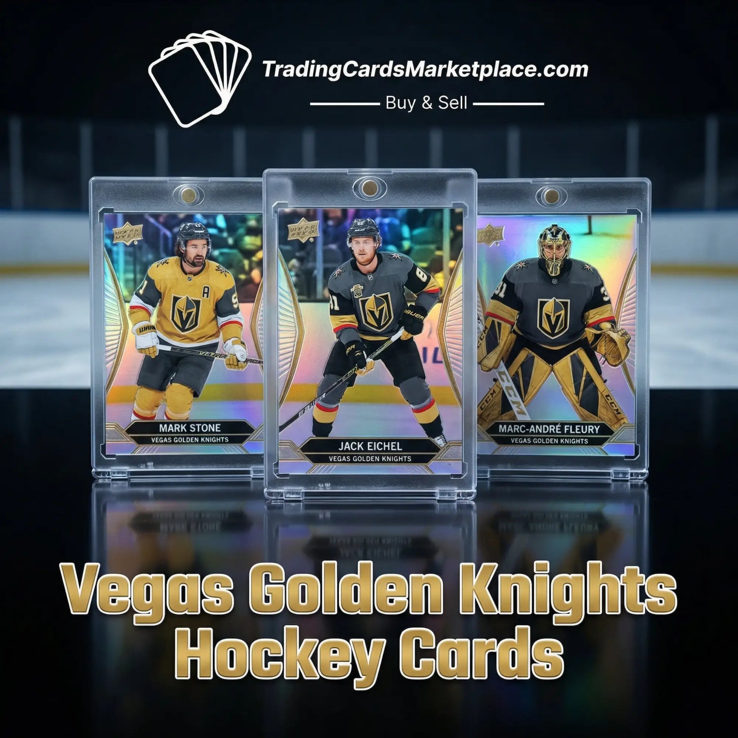 Three vegas golden knights hockey trading cards in clear protective cases, featuring players mark stone, jack eichel, and marc-andré fleury with gold and black team colors.