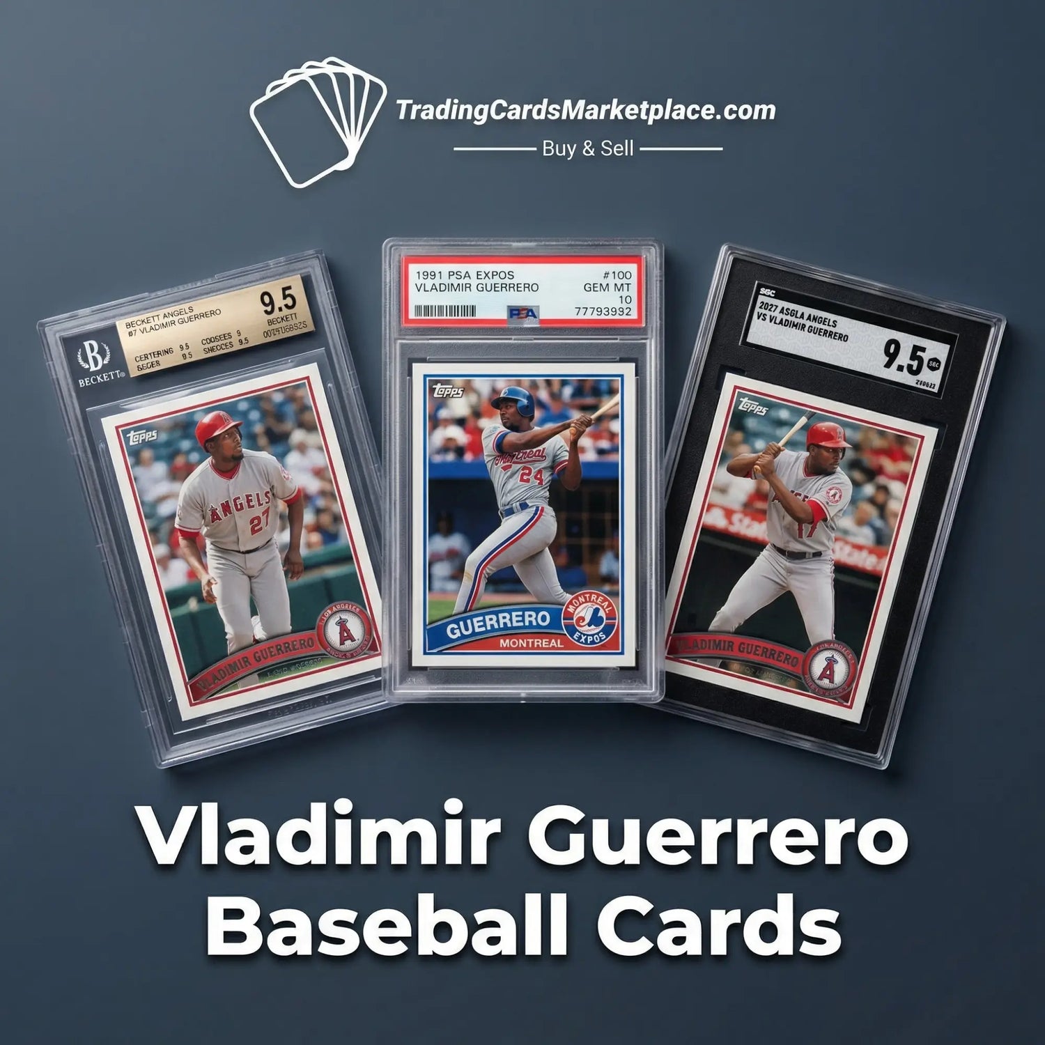 Three graded vladimir guerrero baseball cards in protective slabs, featuring different designs and color schemes from topps.